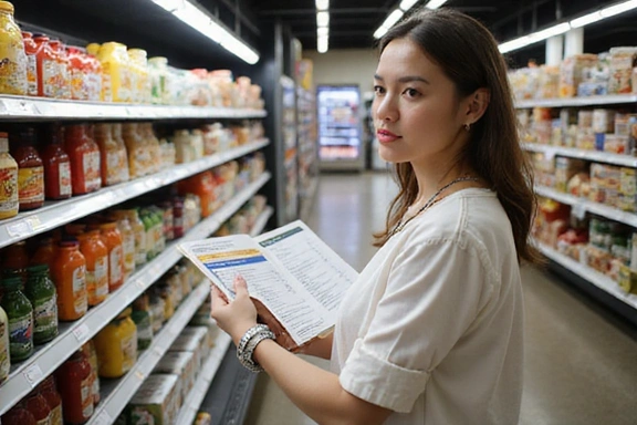 Imagen de una persona leyendo etiquetas nutricionales en un supermercado