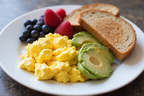 Imagen de un desayuno equilibrado con huevos, aguacate y tostadas