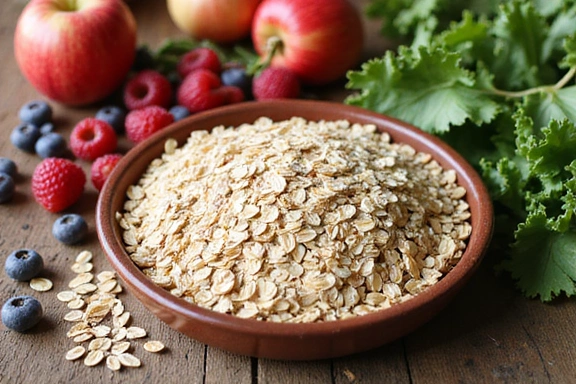 Imagen de varios alimentos ricos en fibra como avena y frutas