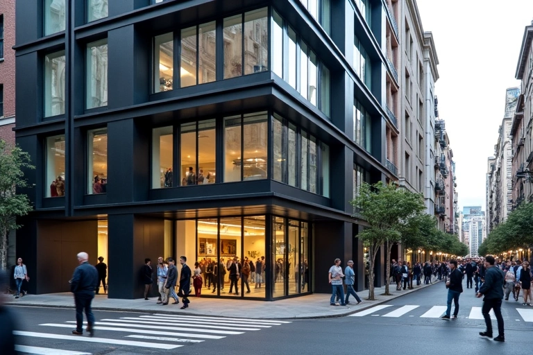 Fachada de un edificio moderno en una calle de la ciudad con gente caminando, simbolizando la ubicación de la oficina.