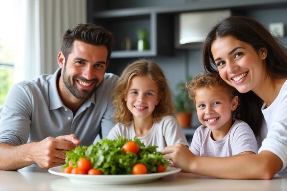 Familia feliz comiendo una ensalada, simbolizando bienestar y nutrición.