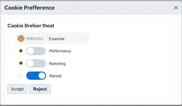 Ilustración de una interfaz de usuario para la gestión de preferencias de cookies con botones de aceptar y rechazar.