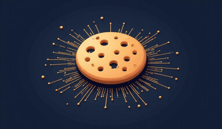 Ilustración de una galleta digital con chips de información, representando una cookie de internet.