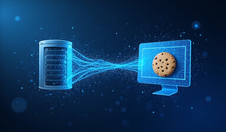 Ilustración abstracta de datos fluyendo entre un sitio web y un navegador, representando el uso de cookies para mejorar la experiencia del usuario.