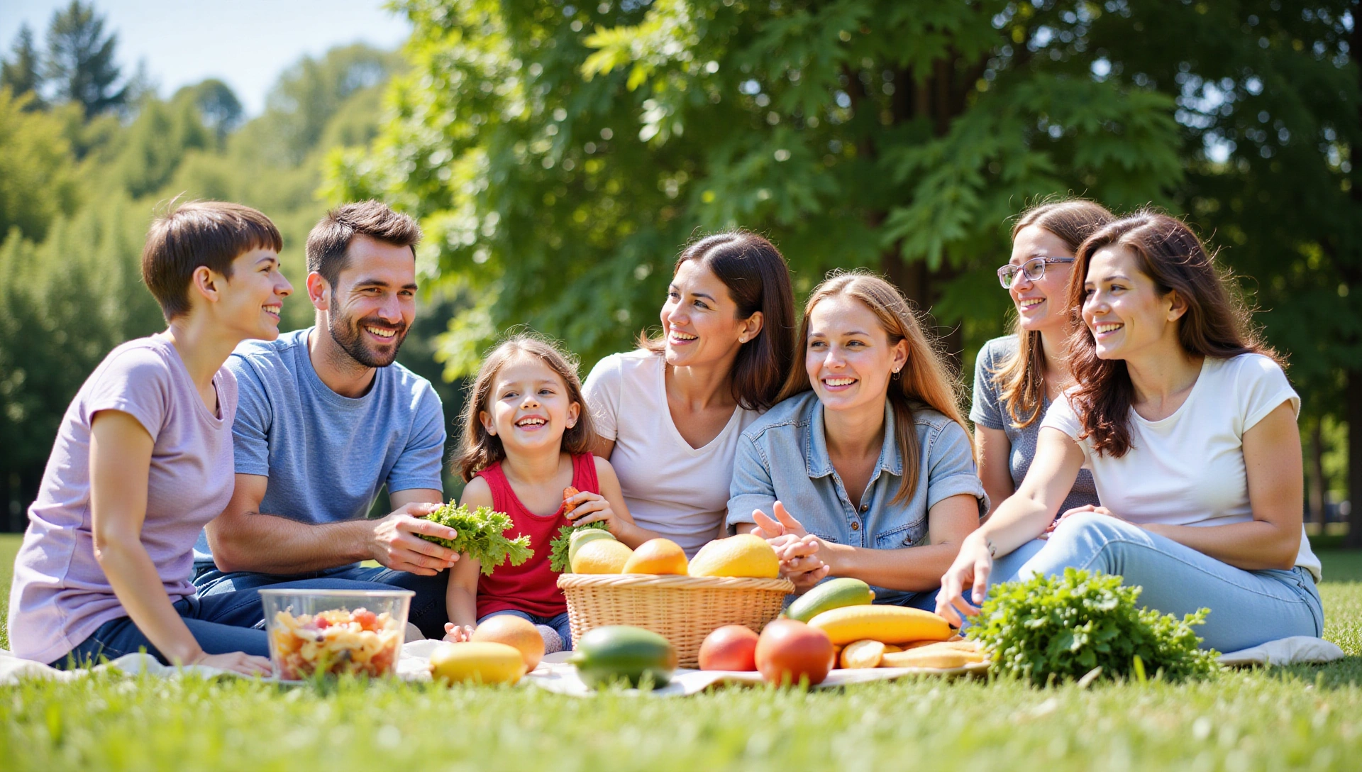 Personas disfrutando de alimentos frescos y saludables en un entorno natural.