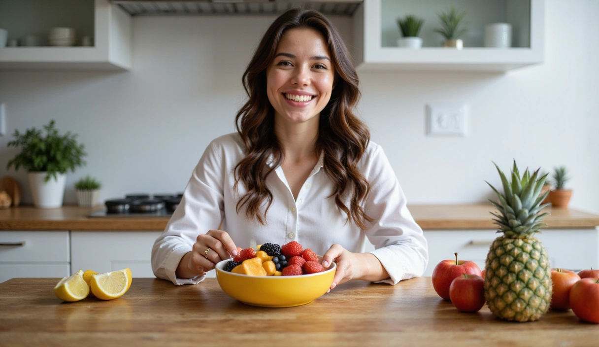 Una persona sonriente preparando una ensalada de frutas frescas y coloridas en una cocina moderna.