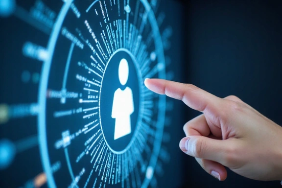 Mano tocando un icono de derechos de usuario en una pantalla.