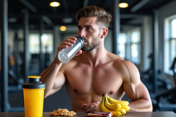 Atleta bebiendo agua después de un entrenamiento, con frutas y suplementos deportivos al fondo.