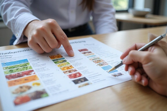 Mano de un nutricionista señalando un gráfico de alimentos saludables a un paciente.