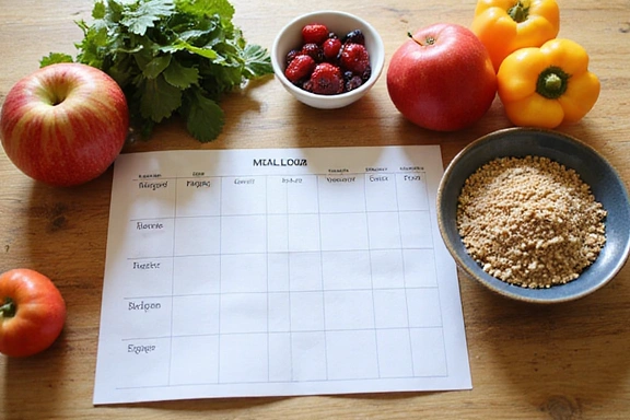 Mesa con un plan de alimentación impreso y alimentos saludables como frutas y verduras.