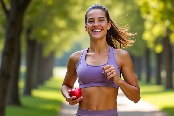 Una persona sonriente y energética trabajando en su escritorio, con un plato de frutas frescas al lado