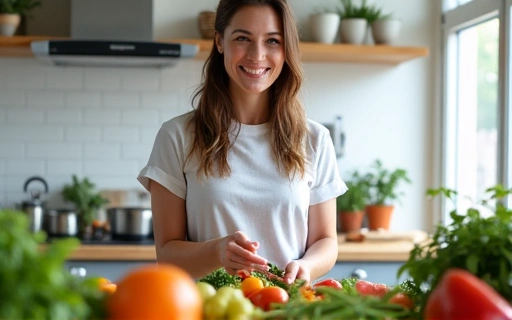 Mujer sonriendo mientras prepara una ensalada fresca, simbolizando una alimentación saludable y consciente.